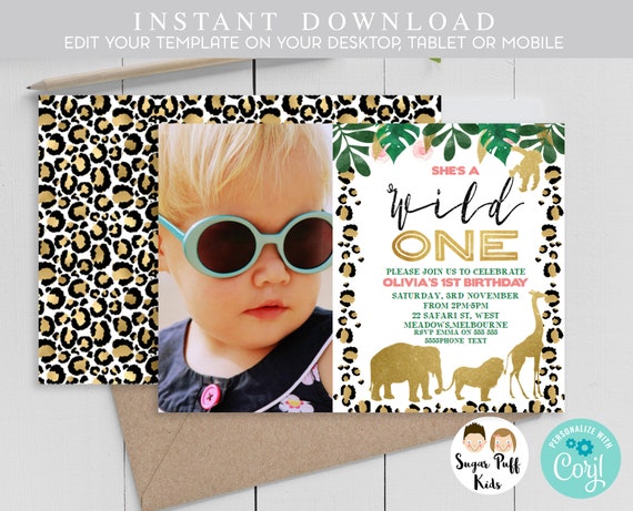 Editable Instant download Wild One Invitation, Cheetah Print Wild One Birthday Invitation, Wild one invites, Safari Animals invite, 112 Il_570xn