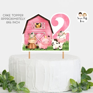 Instant Download Pink Farmyard 2nd Birthday Cake Topper, Printable Farm Cake Topper,  Pink Barn 2nd birthday caker topper 8x6 inch, Barnyard