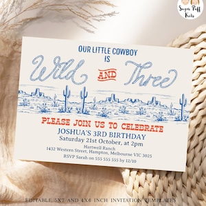 Editable Boys Wild and Three Rodeo 3rd Birthday Invitation, Vintage Cowboy 3rd Birthday Party Invitation  Western 3rd Birthday Party BRL3