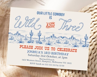 Editable Boys Wild and Three Rodeo 3rd Birthday Invitation, Vintage Cowboy 3rd Birthday Party Invitation  Western 3rd Birthday Party BRL3