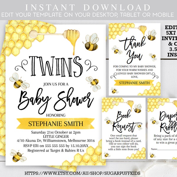 Twins Bee Baby Shower Invitation, Instant twins baby shower invitation, Bee baby shower Diper Raffle, Printable Bee Baby Shower twins  BS10
