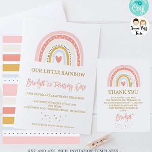 Editable Pink Rainbow 1st Birthday Invite, Printable rainbow first birthday invitation, Instant Download Cute Rainbow Invitation and Card,