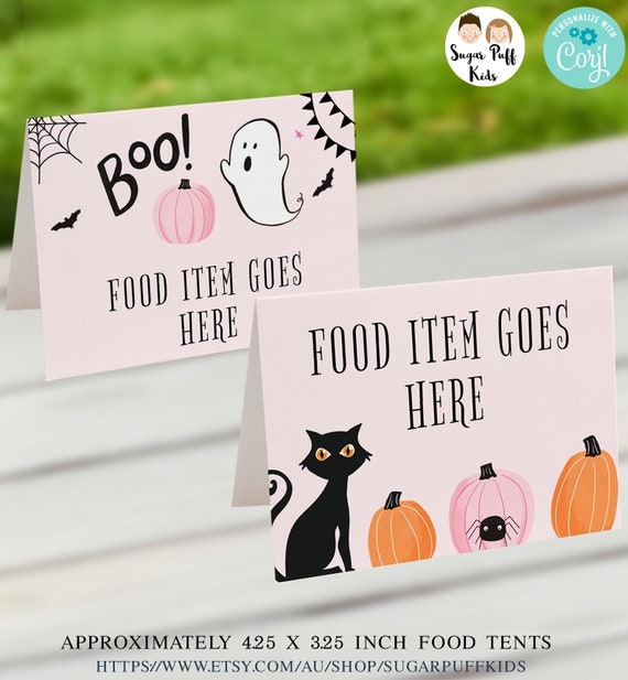 Editable Pink Halloween Birthday Party Food Tents Printable Boo 