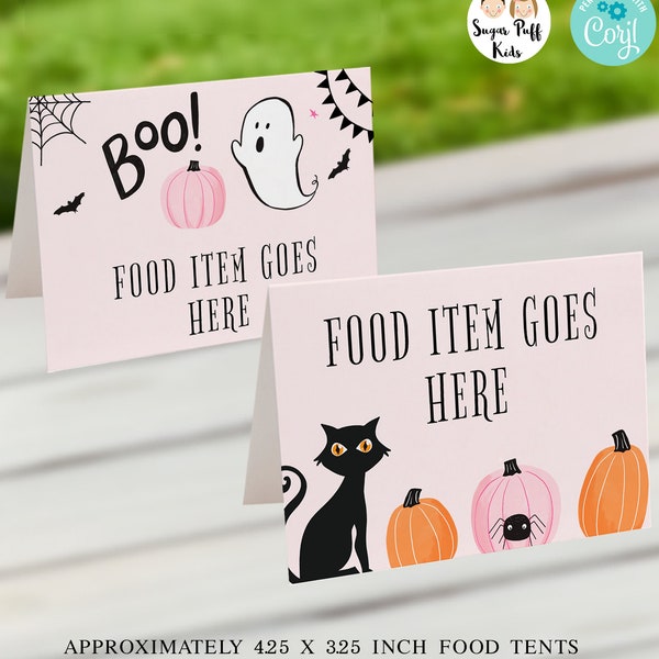 Editable Pink Halloween Birthday Party Food Tents, Printable Boo Halloween Party Food Labels, Instant Download Ghost Food Tents, Black Cat