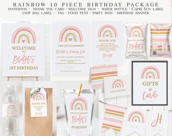 Editable Pink Rainbow Birthday Party Printable Package, Printable Pink Rainbow heart Birthday Party Decor, Girls Rainbow Party Printables,