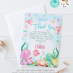 Tarjeta de agradecimiento de cumpleaños editable bajo el mar, tarjeta de agradecimiento de criaturas marinas imprimibles, tarjeta de agradecimiento de criaturas marinas de descarga instantánea
