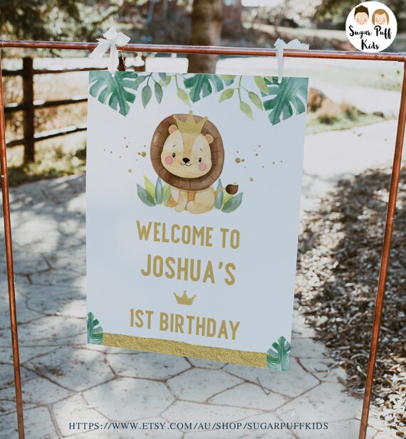 Printable Our Little King Lion Birthday Welcome Sign, Editable Lion Themed Birthday Sign, Instant Download Foliage Lion Crown First Birthday Il_570xn