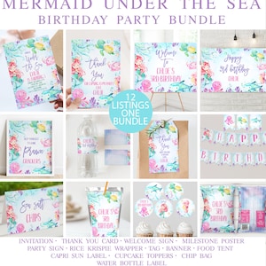 Party Printable Mermaid Under the Sea Bundle, Editable Under the Sea Birthday Party Decor Package, Instant Download Sea Creatures Printables