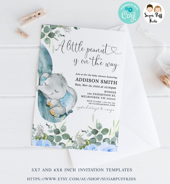 Editable A Little Peanut Baby shower invitation, Printable Elephant