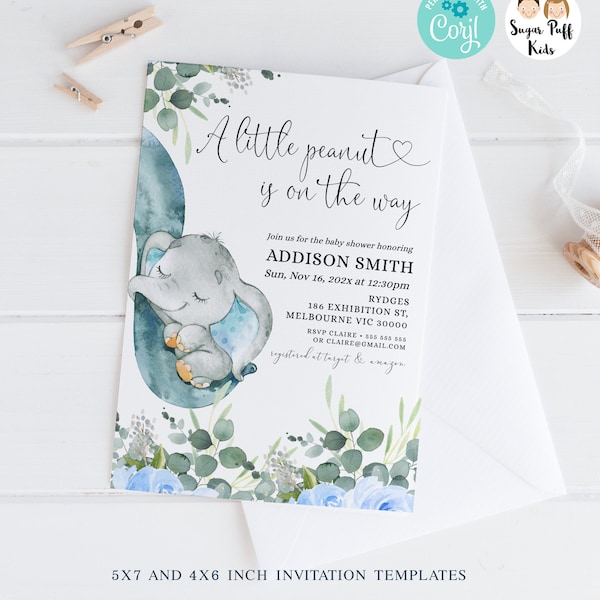 Editable A Little Peanut Baby shower invitation, Printable Elephant invitation, Instant Download Little Peanut Elephant Baby Shower invite,