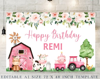 Editable Pink Farm backdrop, Printable Farm Themed Happy Birthday Banner, Girls Instant Download Floral Farm Banner, Pink Barn, Tractor