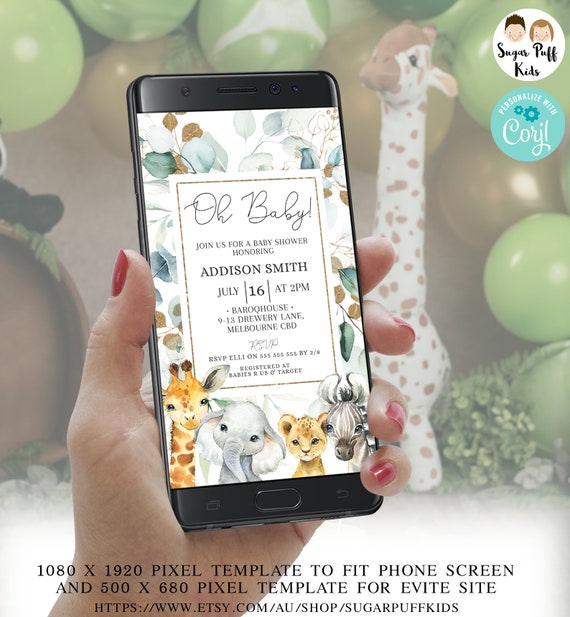 Editable safari animals baby shower text invite, Editable sage green