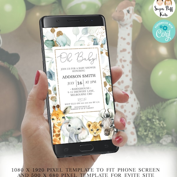 Editable safari animals baby shower text invite, Editable sage green foliage safari baby shower evite, Instant safari gender neutral text