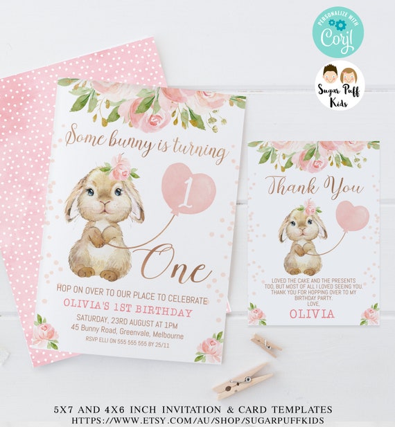 Printable Rabit Pink Balloon Birthday invitation Instant Download Some Bunny Editable Pink Gold Floral Bunny 1st Birthday Invite