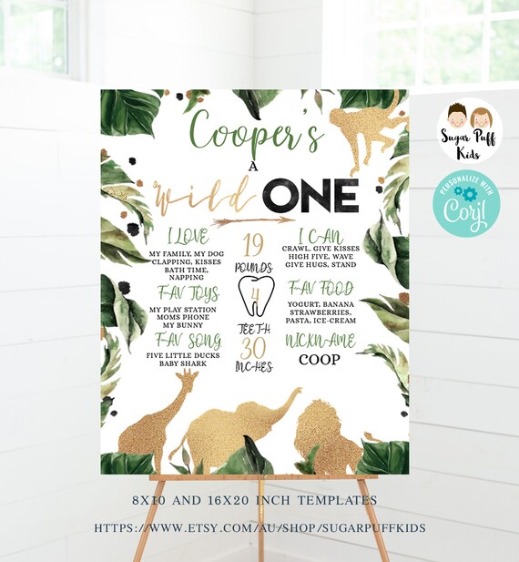Foliage Safari 1st Birthday Milestone Poster. Jungle Wild One Baby Animals Birthday Printable Sign. EDITABLE TEMPLATE Gold Safari Animals Il_570xn