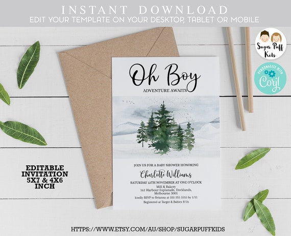 Adventure Awaits Baby Shower Invitations, Printable Adventure awaits baby shower invite, Adventure Watercolor Trees Baby Shower Invite Il_570xn