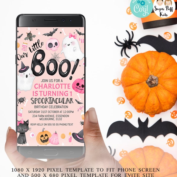 Editable Pink Boo Halloween Text Invite, Girls Halloween Ghost Electronic Phone Text Invitation, Instant Download Halloween Birthday Evite