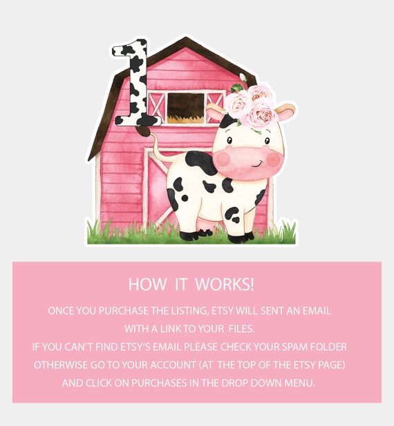 Instant Download Pink Barn Cow First Birthday Cake Topper