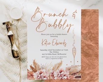 Editable Champagne Glass Boho Floral Bridal Shower, Brunch and Bubbly Invitation, Bridal Rose Gold Calligraphy, Rose Gold Glitter Dots