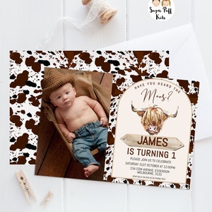 Printable Photo Brown Cow 1st Birthday Invite, Cow Thank You Card, Editable Highland Cow Invitation, Instant Have You Heard The Moos Invite image 2