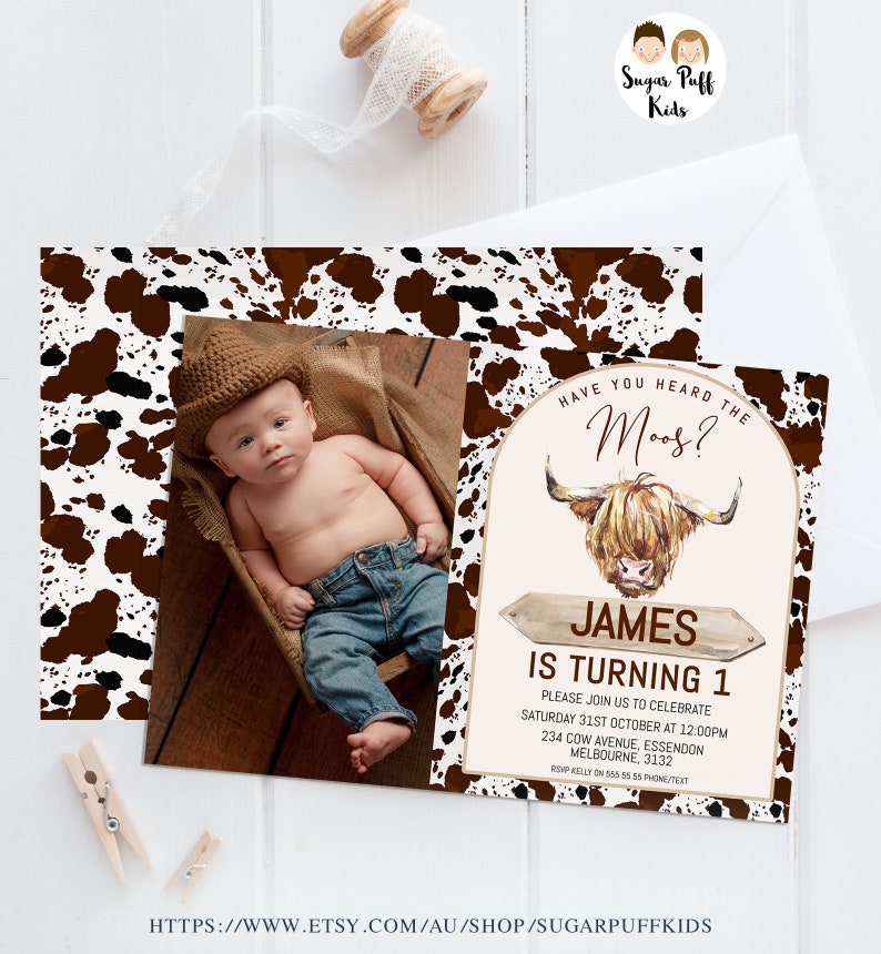 Printable Photo Brown Cow 1st Birthday Invite, Cow Thank You Card, Editable Highland Cow Invitation, Instant Have You Heard The Moos Invite image 2