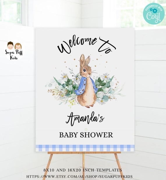Editable Peter Rabbit Foliage Daisy Welcome Sign, Instant A Little Bunny Is Almost Here Baby Shower Poster, Editable Rabbit Welcome Poster, Il_570xn
