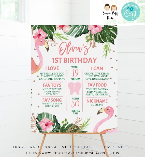 Editable Pink Flamingo Milestone Poster, Printbale 1st Birthday Flamingle Milestone Board, Girls Instant Flamingo Foliage Floral Milestone, Il_570xn