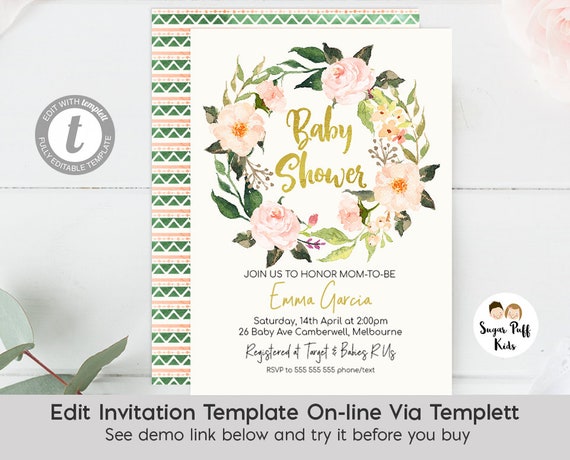 Floral Wreath Baby Shower Invition Floral Baby Shower Invitation