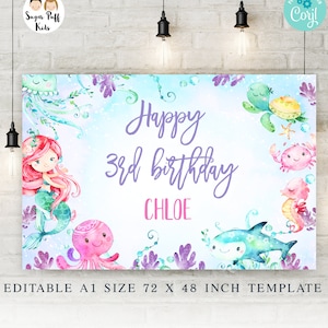 Editable Under The Sea mermaid Backdrop, Printable Sea Creatures Happy Birthday Banner, Instant Download Sea Critters Banner, Mermaid,