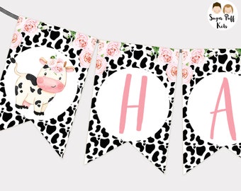 Printable Pink Floral Cow Print Happy Birthday Banner, Editable Cow Happy Birthday Birthday Bunting, Instant Download Cow Print Party Decor