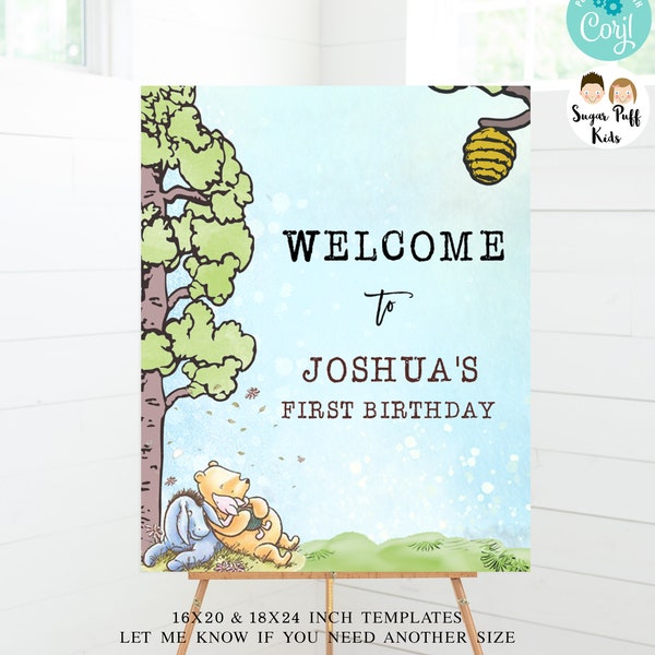 Editable Winnie the Pooh welcome sign, Instant Download Pooh Bear birthday poster, Printable Classic Pooh and Eeyore birthday welcome sign