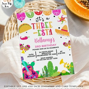 Editable Three-Esta Fiesta Birthday Invitation, Fiesta 3rd Birthday Invitation Three Esta, Three Esta Birthday Party, Mexican Fiesta TF1