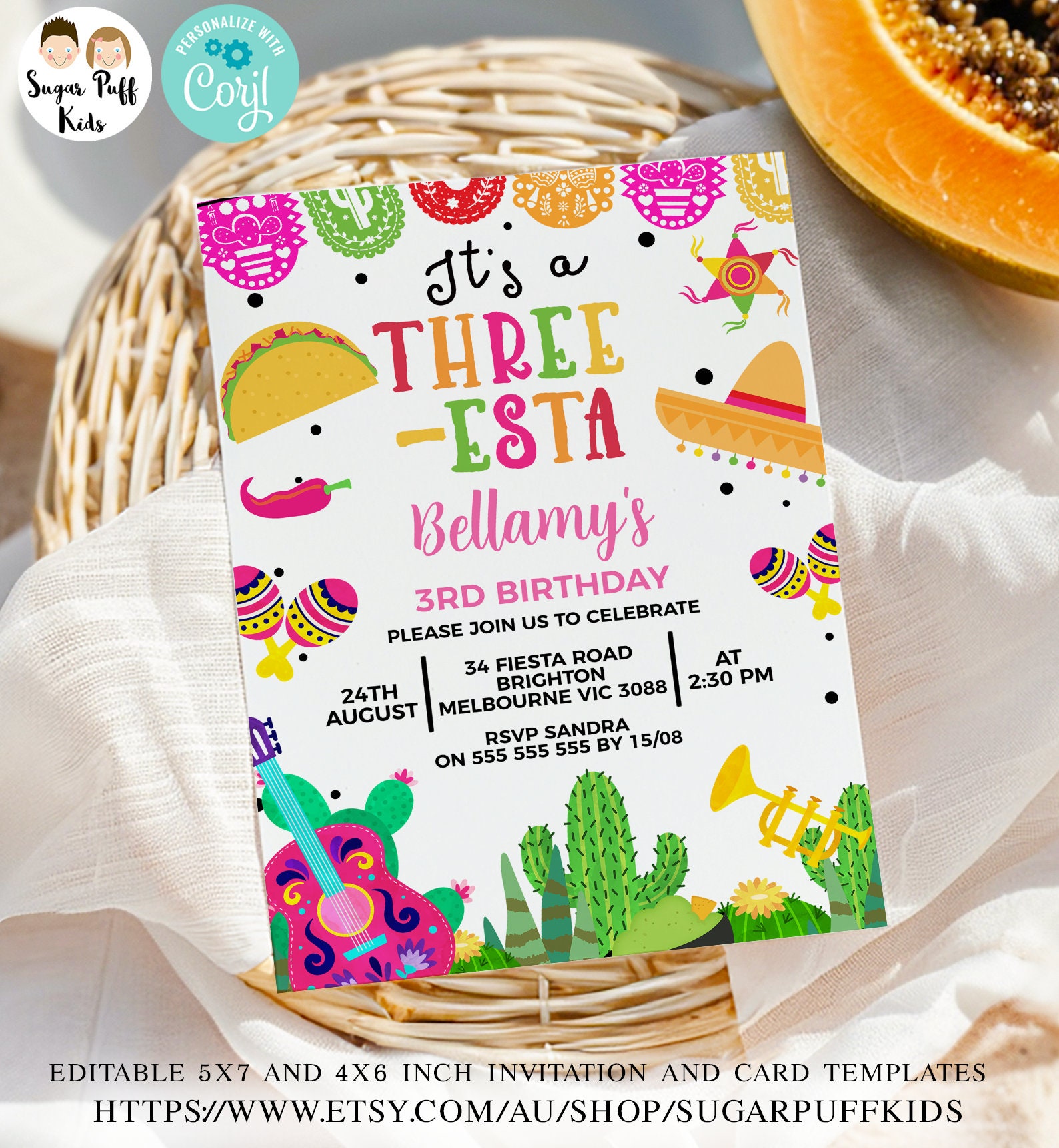 Editable Three-Esta Fiesta Birthday Invitation, Fiesta 3rd Birthday Invitation Three Esta, Three Esta Birthday Party, Mexican Fiesta TF1