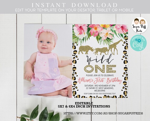 Safari wild one photo birthday invitation, Printable Girls Wild One Invitation, Safari 1st Birthday Invitation, Safari animals invite, PS1 Il_570xn