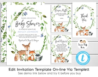 Boys Woodland Baby Shower Invitation, watercolor Woodland Baby Shower Invitation, Boys Woodland Animals Baby Shower Invitation, Templett