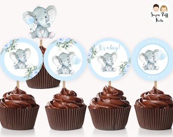 Editable elephant baby shower cupcake toppers, Instant boy's blue floral elephant cupcake toppers, Printable little peanut cupcake topper