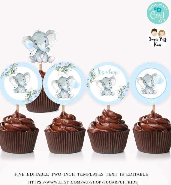 Editable elephant baby shower cupcake toppers, Instant boy's blue