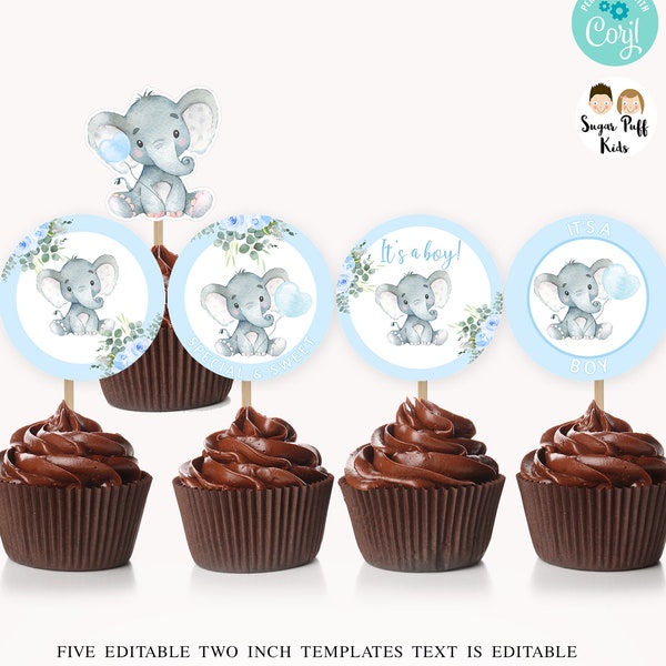 Hauts de forme modifiables de cupcake de douche de bébé d'éléphant, hauts de forme de petit gâteau d'éléphant floral bleu du garçon instantané, petit haut de forme imprimable de petit gâteau d'arachide