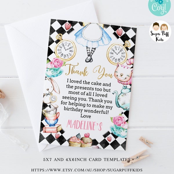 Editable Alice in wonderland Thank You Card Instant, Printable Alice in Wonderland Card, Instant download Alice black diamond pattern, BAW