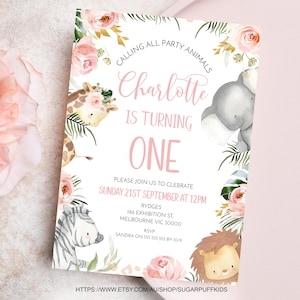 Druckbare rosa Blumenparty-Tiere 1. Geburtstag einladen, niedliche Dschungel-Tiere-Geburtstags-Einladung, bearbeitbare Mädchen-Safari-Tiere-Geburtstags-Einladung