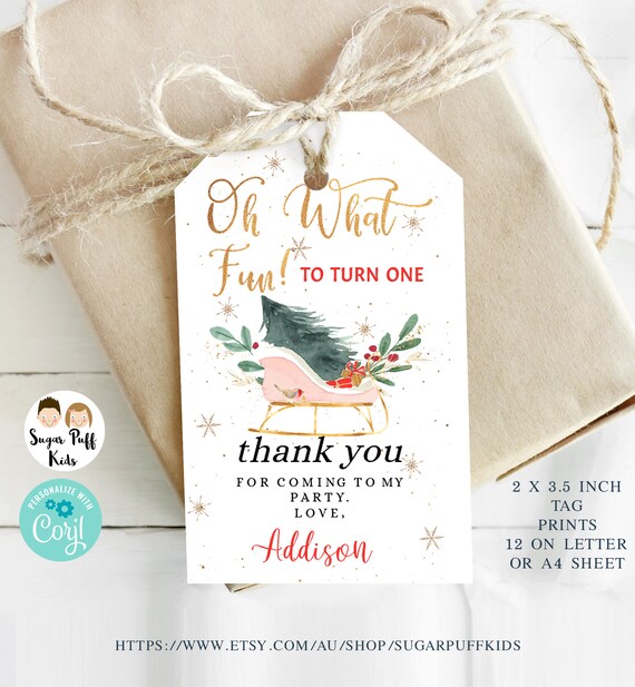 Editable Winter Oh What Fun Tag Winter 1st Birthday Invitation Holidays Christmas Party Sleigh Girl Winter Faux Gold Printable Template Tag Il_570xn