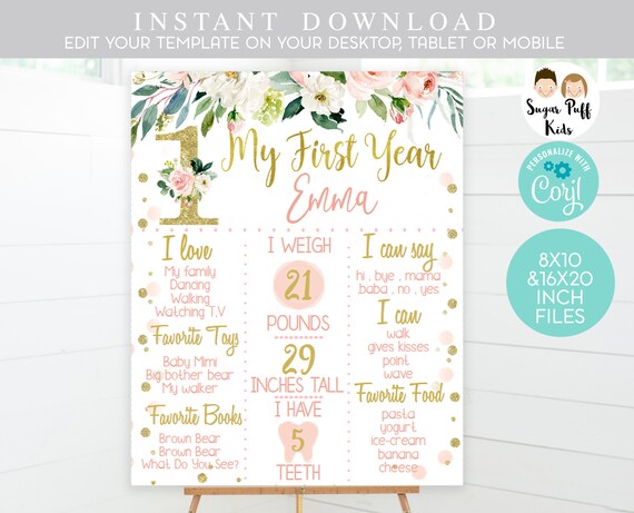 1st milestone board, Pink Floral 1st milestone board, Milestone board, Floral milestone poster, Floral Girl First Birthday Milestone Board, Il_570xn