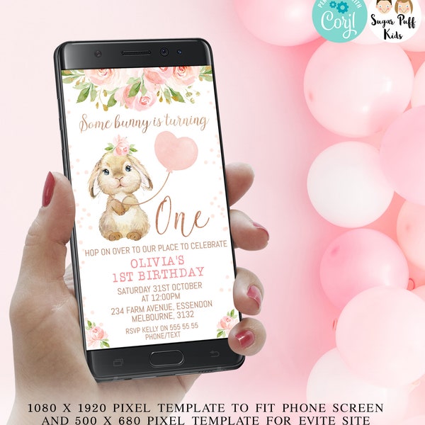 Editable Electronic Pink Floral Bunny Invite, Some Bunny Sweet Birthday Text Invite, Instant Download Phone Bunny Balloon Birthday Evite