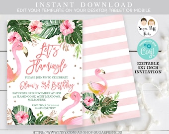 Flamingo rose gold foliage birthday invitation, Instant Download let's flamingle Invitations, Girls flamingo Invite, Let's flamingle invite