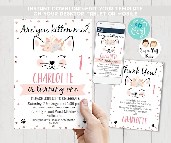 Kitten Birthday Invitations, Kitten invitation, Cat Birthday Invitation, Kitten Birthday Party Invitation, Are You Kitten Me Invitation, Il_570xn