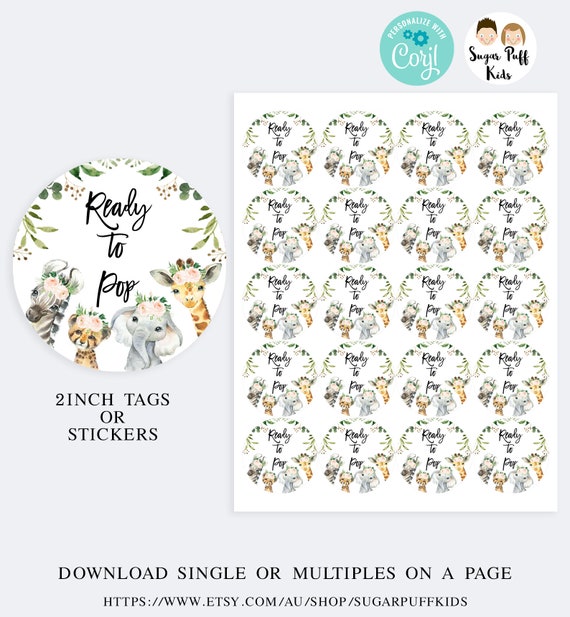 Editable 2 inch wide Safari Baby Shower Stickers, Printable Pink Floral Safari Round Tag, Jungle Animals 2 " sticker, Ready to Pop Sticker Il_570xn