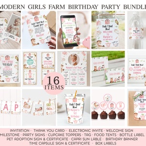 Editable Modern Farm Birthday Party Printable Package, Editable Girls Pink Farmyard Birthday Decor, Farm Animals Party Printables Bundle,