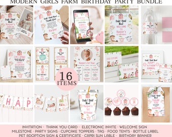 Editable Modern Farm Birthday Party Printable Package, Editable Girls Pink Farmyard Birthday Decor, Farm Animals Party Printables Bundle,