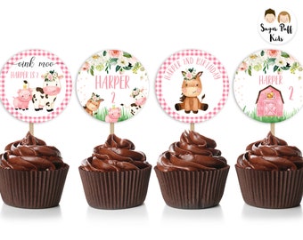 Printable Girls Pink Farm Cupcake Toppers, Editable Barnyard Animals Cupcake Toppers, Instand download Pink Farmyard Cupcake Toppers,
