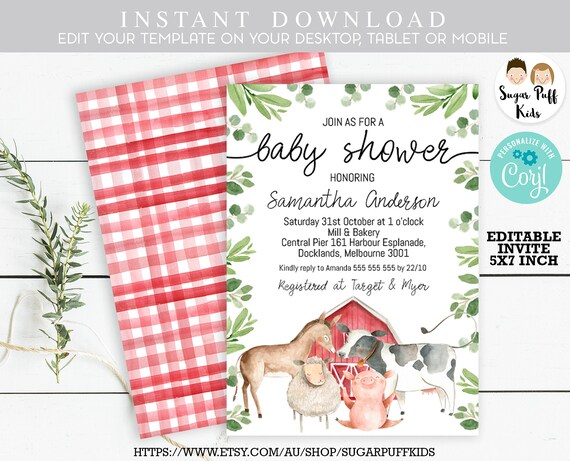 farm animal baby shower invitations